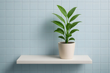 Potted Green Plant on Minimal Shelf with Blue Tiled Wall
