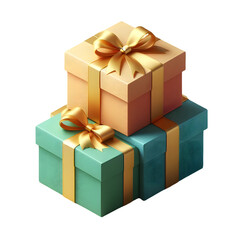 Fototapeta premium Detailed image of three stacked gift boxes wrapped in colorful paper (red, blue, and green), each with neatly tied golden satin ribbons