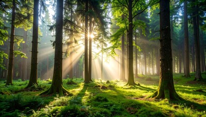 Obraz premium Beautiful rays of sunlight in a green forest