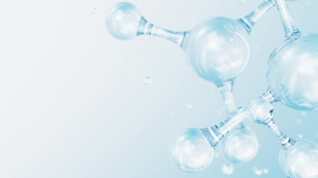 3d Abstract shiny glass molecule structures motion background. Cosmetic collagen serum, essence oil, vitamin, hyaluronic acid for skin care. Healthcare concept loop animation