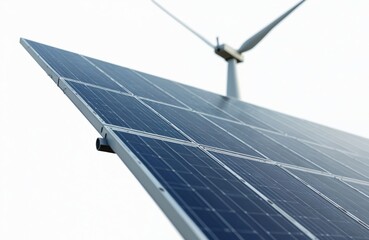 Close-up of solar panel, wind turbine with blades. Clean eco power technologies in action. Sustainable energy production. Green electric power. Renewable resources, new tech for ecological future.