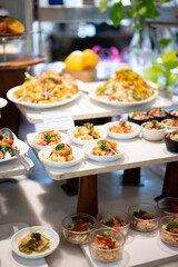 Vibrant assortment of vegetarian and non-vegetarian salads arranged in elegant bowls for buffet display, showcasing a colorful and fresh spread at a hotel restaurant counter.