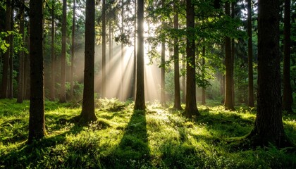 Obraz premium Beautiful rays of sunlight in a green forest