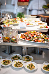 Assorted non-vegetarian salads displayed in small glass bowls at a buffet counter, featuring chicken, seafood, and cold cuts, styled for gourmet dining and visual appeal.
