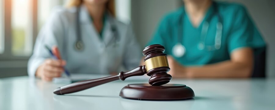 Gavel on white table, healthcare professionals writing in background. Concept healthcare law with medical law, ethics, regulations. Symbolizing intersection of medicine and legal matters. Courtroom.