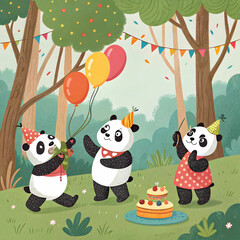 Naklejka premium Cute Cartoon Pandas Celebrating Birthday Party in Forest Setting