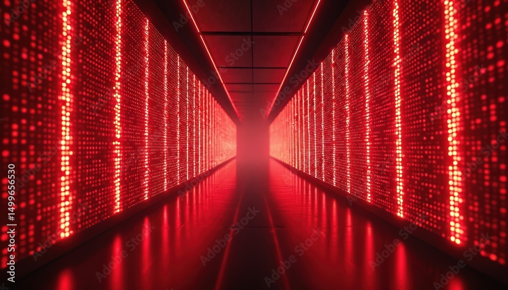 Poster red neon tunnel with matrix pattern. futuristic tech design, digital technology concept. data flow a