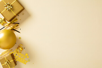 Golden birthday invitation background. Left border of festive elements and generous copy space