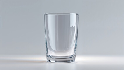 A clear glass tumbler stands on a white surface against a plain light gray background in a studio shot