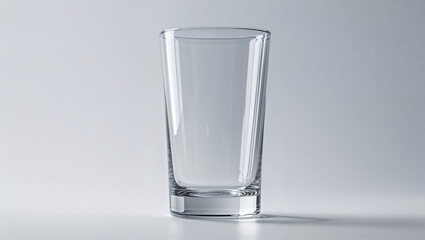 A clear glass tumbler stands upright on a white surface with a clean and minimalist aesthetic style