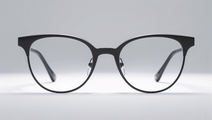 Close up shot of black framed eyeglasses with clear lenses on a white background studio shot