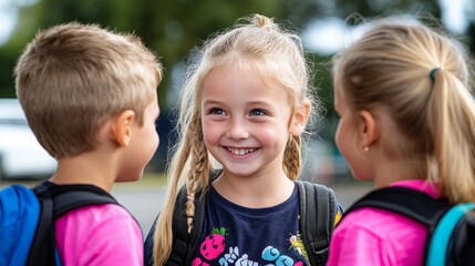 Smiling girl with blonde hair and braids interacts with two other children wearing backpacks outdoors.