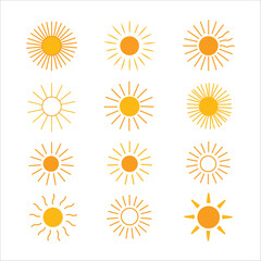 Sun icon set. Yellow sun icons. Shine sun ray set. Sunset icon collection. Yellow sun star icons. Vector illustration