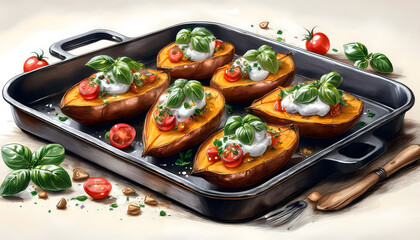 Six beautifully baked sweet potatoes, topped with fresh cream, diced tomatoes, and basil, arranged in a baking pan