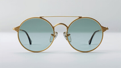 A close up shot of gold framed round sunglasses with light blue lenses on a white background