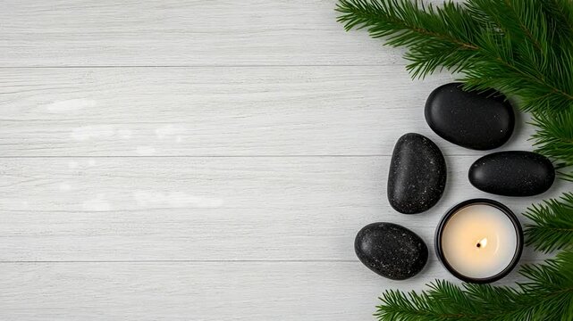 Spa Day Serenity:  Black Stones, Candle, and Pine