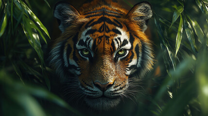 Vibrant colored tiger silently stalking prey in dense forest wildlife scene