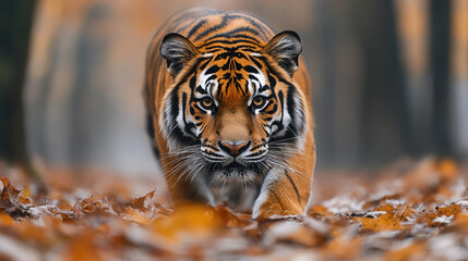 Obraz premium Vibrant colored tiger silently stalking prey in dense forest wildlife scene