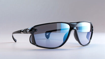 Close up shot of black framed sunglasses with blue tinted lenses on a white surface studio shot
