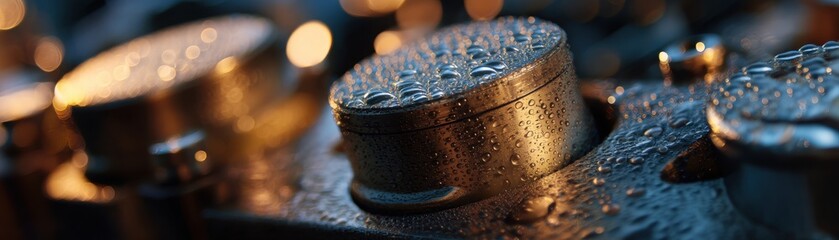 Closeup of hydraulic pistons glistening with dew, captured in early dawn light