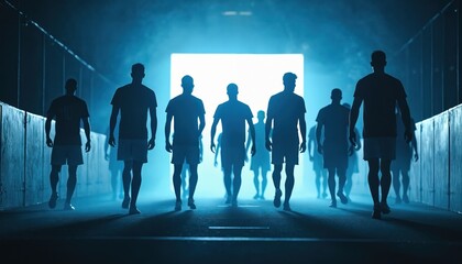 Soccer team walks into stadium tunnel. Silhouettes of athletes, team members in dim light, dramatic scene. Football players approach bright light, preparing match. Concept of sport, competition, team