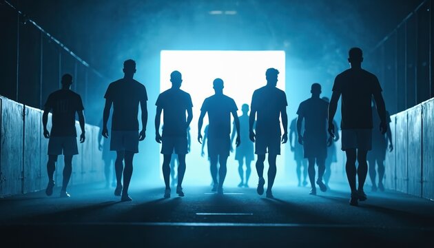 Soccer team walks into stadium tunnel. Silhouettes of athletes, team members in dim light, dramatic scene. Football players approach bright light, preparing match. Concept of sport, competition, team - Powered by Adobe