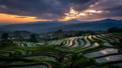 rice terraces at sunset eye catching view, Ai generated image.