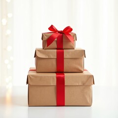 Elegant stacked wrapped gift boxes with red ribbon for special occasions at home. Brown paper, minimalist design, festive colors. Perfect for birthdays, holidays, celebrations. Thoughtful gift ideas,