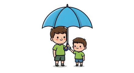 A protective older brother sweetly shares an umbrella shielding his younger sibling with love on transparent background