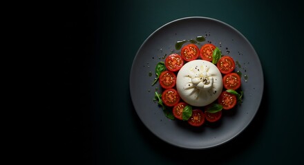 Burrata Cheese with Tomatoes and Basil on Dark Background