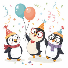 Fototapeta premium Cute Cartoon Penguins Celebrating Party with Balloons and Confetti Fun
