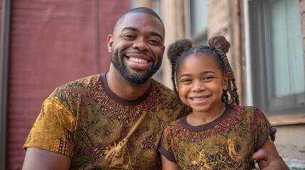 Father and Daughter Smiling in Juneteenth Shirts