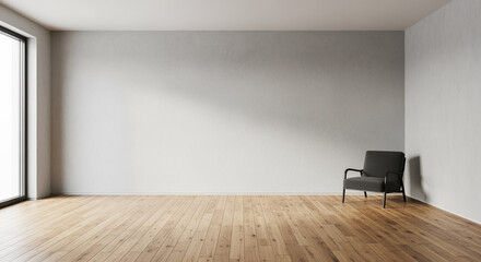 Modern empty room with dark armchair and wooden floor by large window