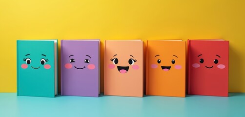 Colorful children books featuring faces with different emotions. Educational material for kids. Illustration series represents happy, sad, surprise emotions. School, learning, development, textbook