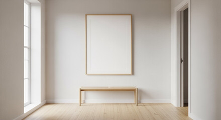 Fototapeta premium Minimalist empty room with blank frame wooden bench
