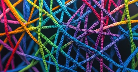 A colorful web of rope, with the central line leading to an empty blue circle, representing interconnectedness.