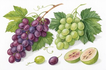 Obraz premium Exquisite Watercolor Grape Varieties: A vivid watercolor painting showcases an artful arrangement of two distinct grape bunches alongside individual grapes and a cross-section.