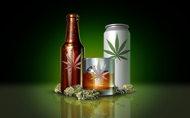 Marijuana infused drink or THC In Drinksas a cannabis beverage resulting as a psychoactive for euphoric effect as a new alternative drink industry with a bottle glass and soda can.