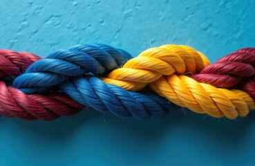 Fototapeta premium Intertwined colorful ropes represent teamwork connection. Ropes in blue yellow maroon colors on blue background. Team, cooperation, strength, unity, support, connection, partnership communication
