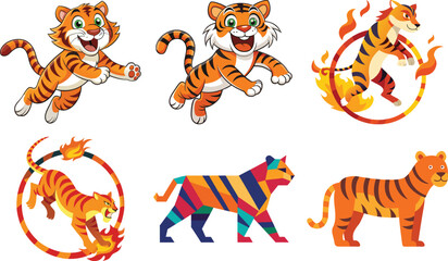 Tiger Mascot, Tiger Jumping,  A set of Tiger jumping silhouette using flat solid black color design, vector illustration design on a white background.


