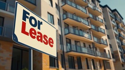 Obraz premium Modern apartment building with for lease sign in focus, urban real estate rental property and commercial space vacancy concept.