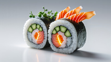 Close up of two sushi rolls with salmon and cucumber on a white surface with a light background