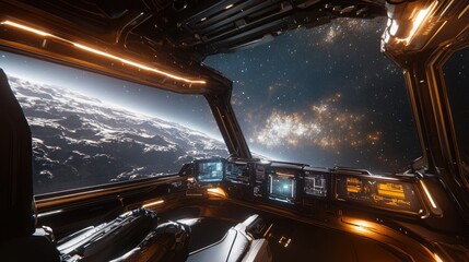 Spaceship Cockpit View: Galactic Exploration Over a Cloudy Planet