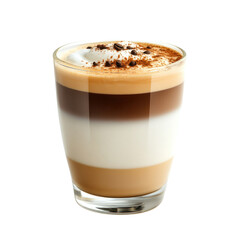 Creamy layered coffee beverage topped with whipped cream and cocoa isolated on transparent background, cutout PNG