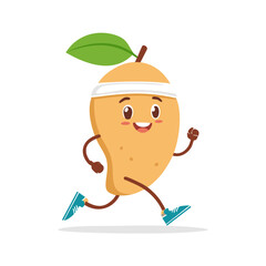 Cute mango character running fast in side view with sneakers and leaf hat. Energetic tropical fruit mascot in cartoon style