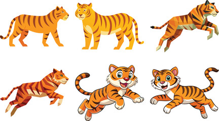 Tiger Mascot, Tiger Jumping,  A set of Tiger jumping silhouette using flat solid black color design, vector illustration design on a white background.


