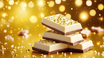 Stack of white chocolate bars are adorned with golden flakes against a bright golden, sparkling background.