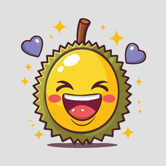 Happy yellow durian cartoon character with big smile and hearts. Cheerful and loving tropical fruit mascot for kids and Valentine themes