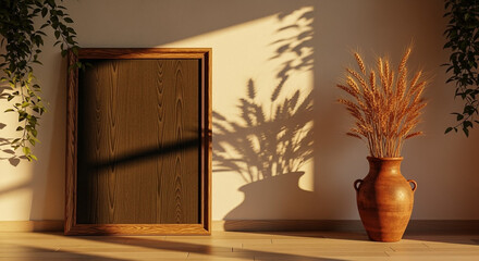 Wooden frame dried wheat in terracotta vase with shadows