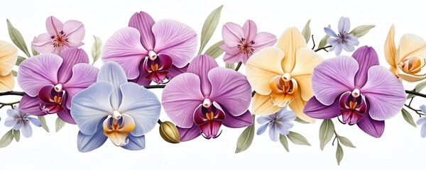 Obraz premium Watercolor illustration of orchid flowers on white background. Floral border of purple yellow pink orchids with green leaves. Botanical design for wedding, invitation, greeting card, spring decor.